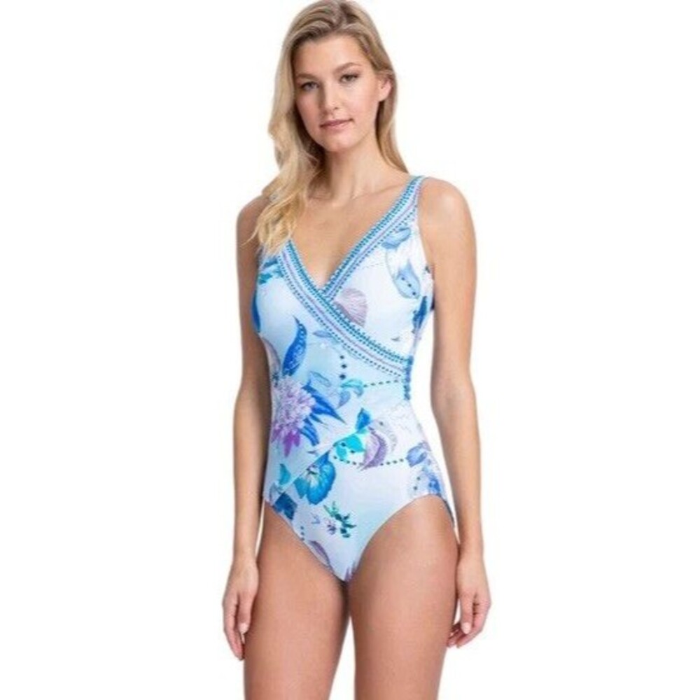 GOTTEX COLLECTION Blue Paradise Surplice Swimsuit One Piece Size 6 NEW